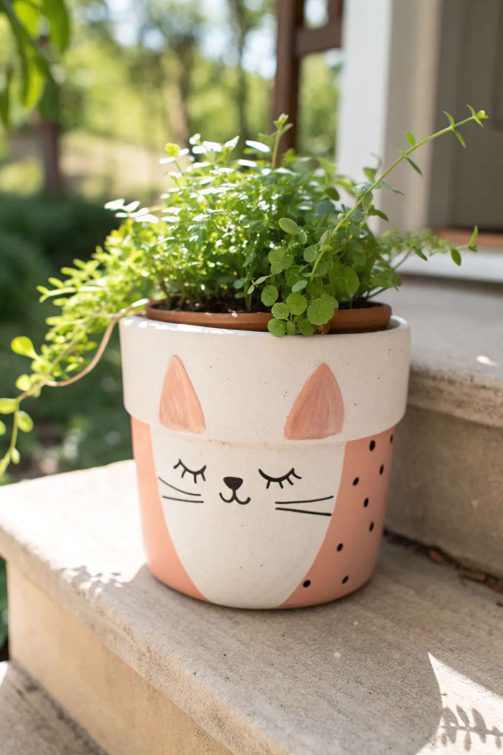 Minimal cat face terracotta planter on porch step, greenery, Scandinavian boho vibe