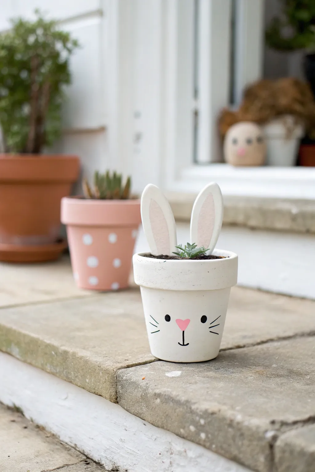 Simple bunny painted terracotta pot idea: minimal shapes, soft neutrals, perfect porch decor.