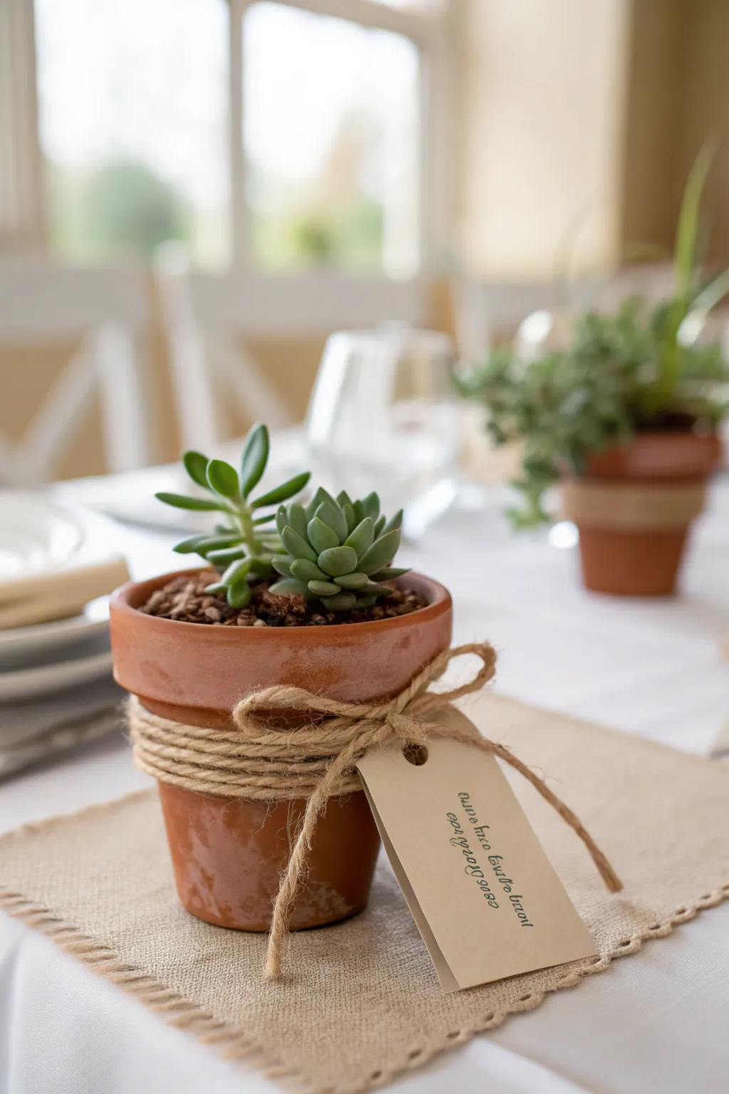 Mini terracotta pot favors with twine and blank tags for a warm handmade wedding touch