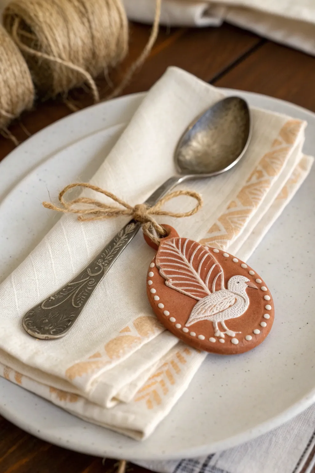 Simple clay turkey charm tied with twine to a spoon, the sweetest minimalist Thanksgiving detail.