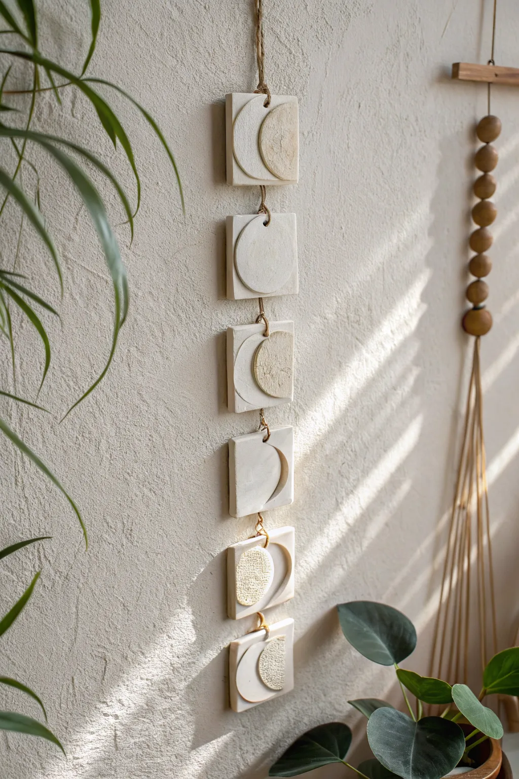 Minimal moon phase clay tiles on linen cord for a calm, handmade boho wall moment