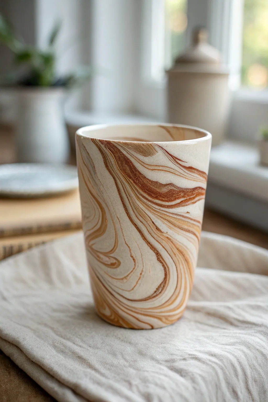 Marbled swirlware tumbler with creamy clay patterns, minimalist styling, and soft natural light