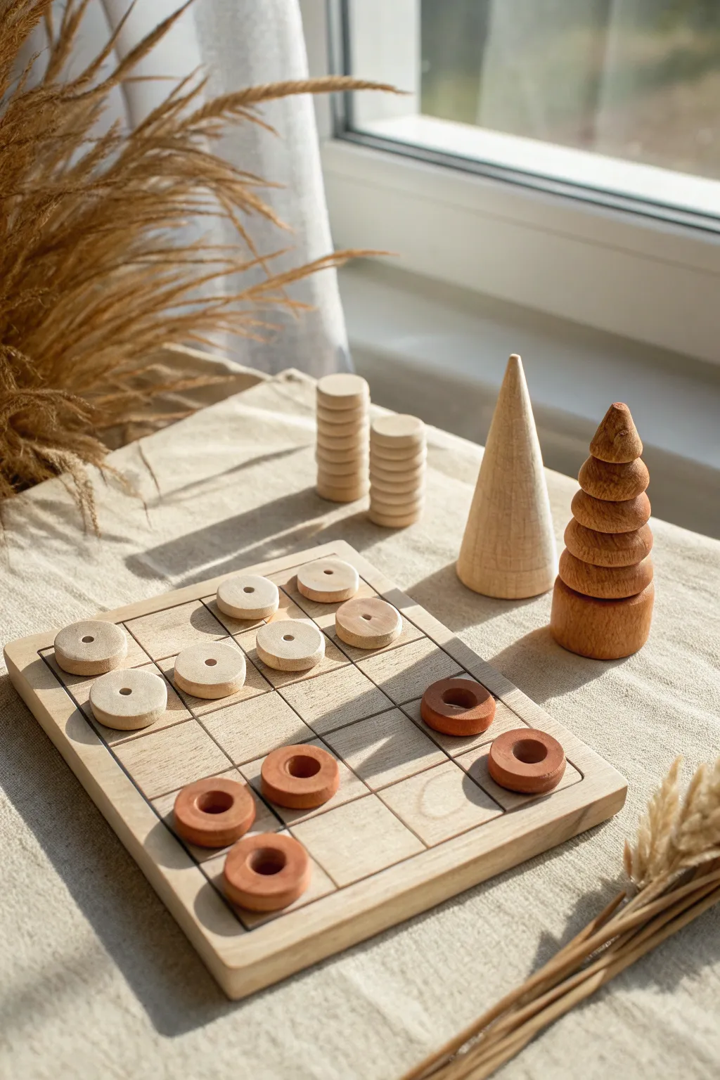 Stackable clay tic tac toe totems: minimalist board and sculptural tokens for playful decor.