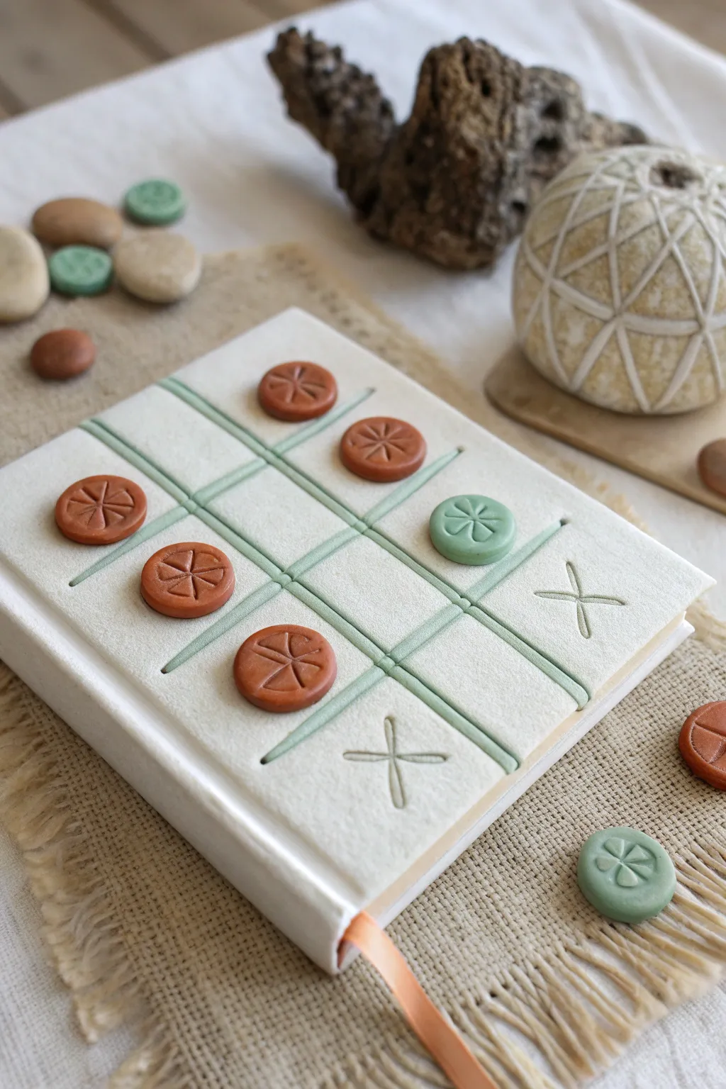 Mini book cover tic tac toe board with tiny clay books, cozy shelf decor and playable charm