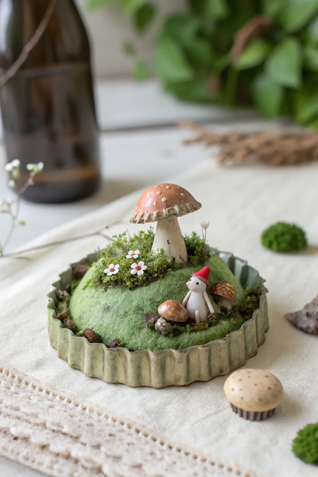 Bottle-cap micro world: a tiny hill, one mushroom, and a shy little creature in handmade clay