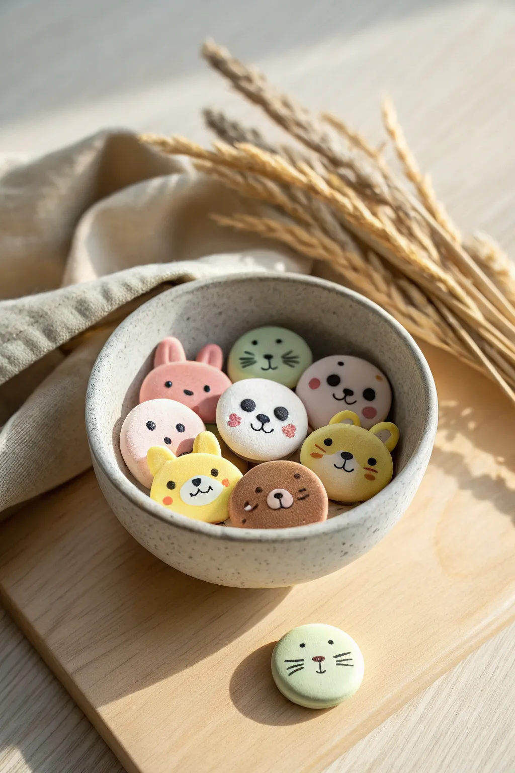 Stackable mini animal head tokens in a simple bowl, bright clay colors on a calm neutral backdrop