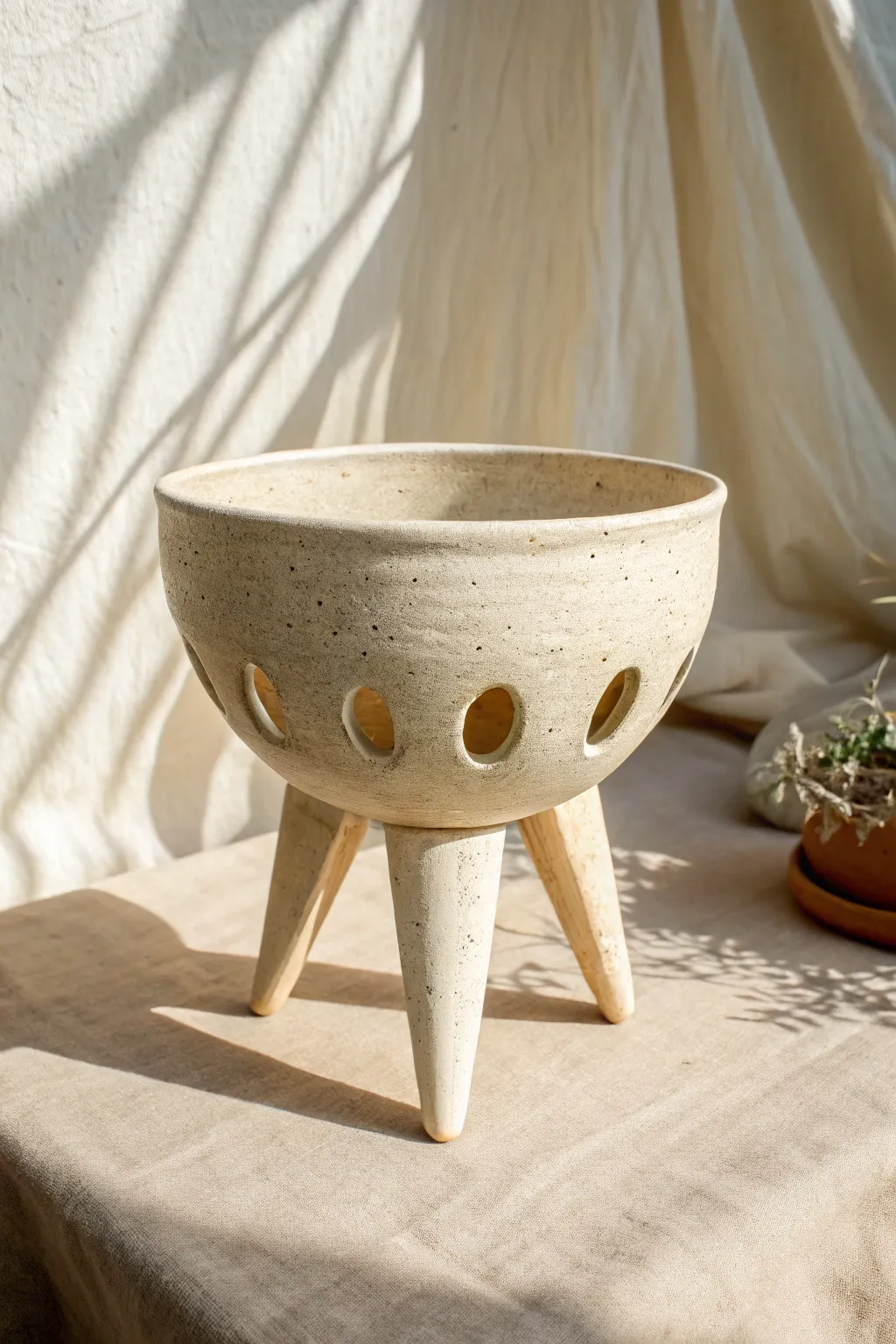 Backlit cutout tripod vessel that celebrates negative space, soft shadows, and handmade clay charm.