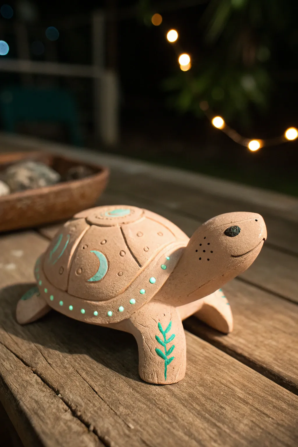 Minimal clay turtle with soft glow shell accents, perfect for a cozy nighttime display.