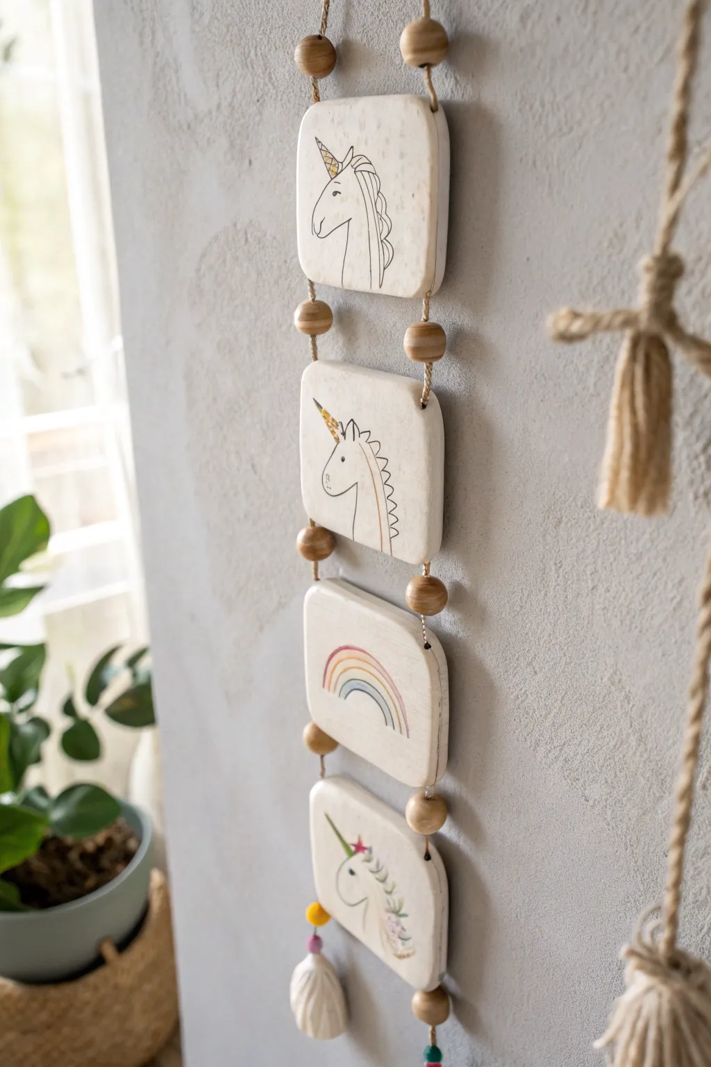 Minimal unicorn wall-hanging tiles in soft clay, a chic boho touch for a calm nursery wall