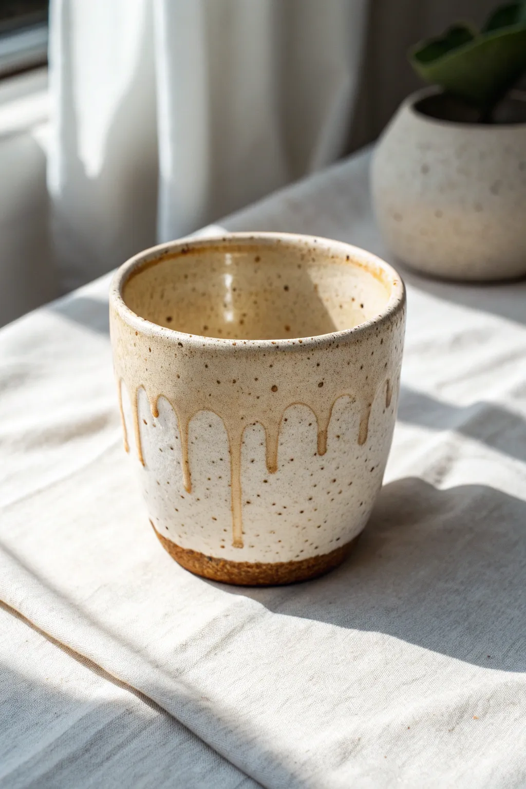 A dreamy melting clay cup with drippy edges, minimalist styling and artisan charm.