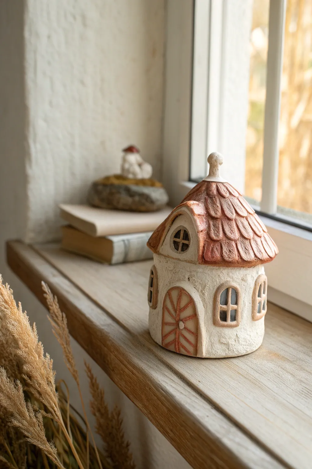 Curvy polymer clay mini house with terracotta texture for cozy, minimalist shelf decor