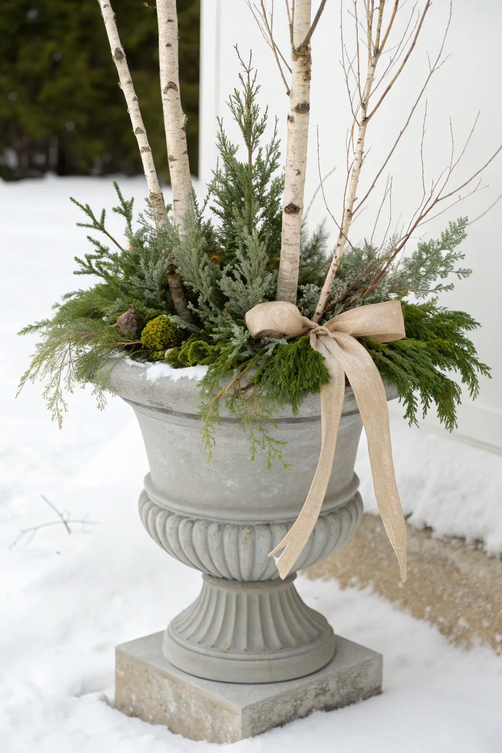 Minimal winter urn planter with evergreens, birch stems, and a soft linen ribbon accent