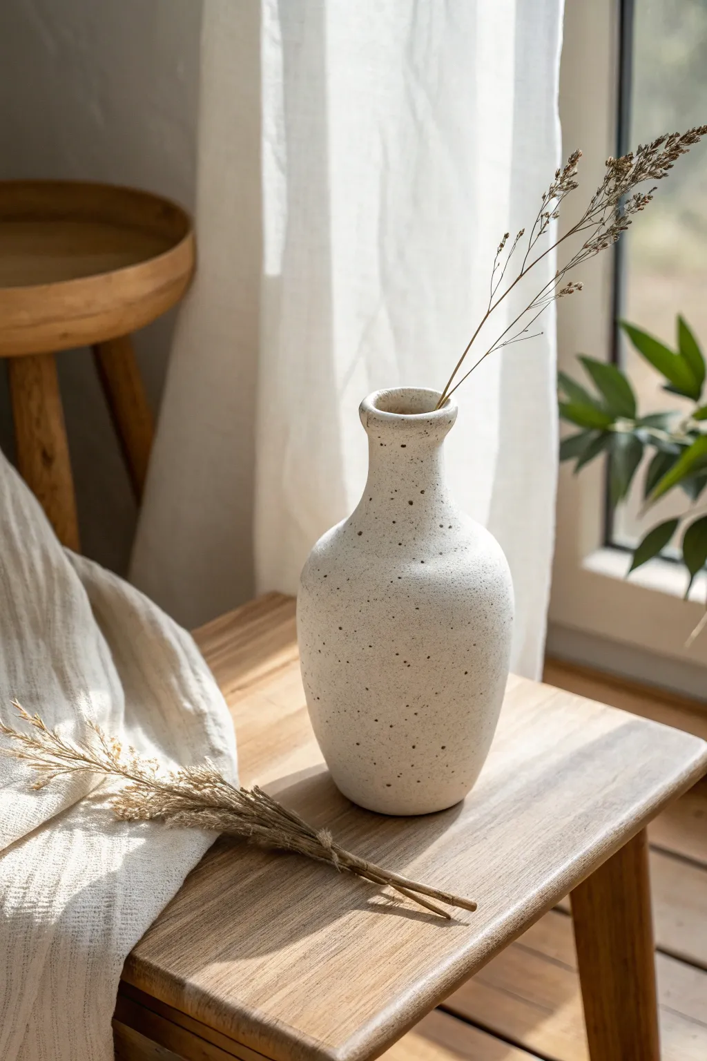 Simple handmade bud vase for one stem, airy Scandinavian styling with a soft boho touch.