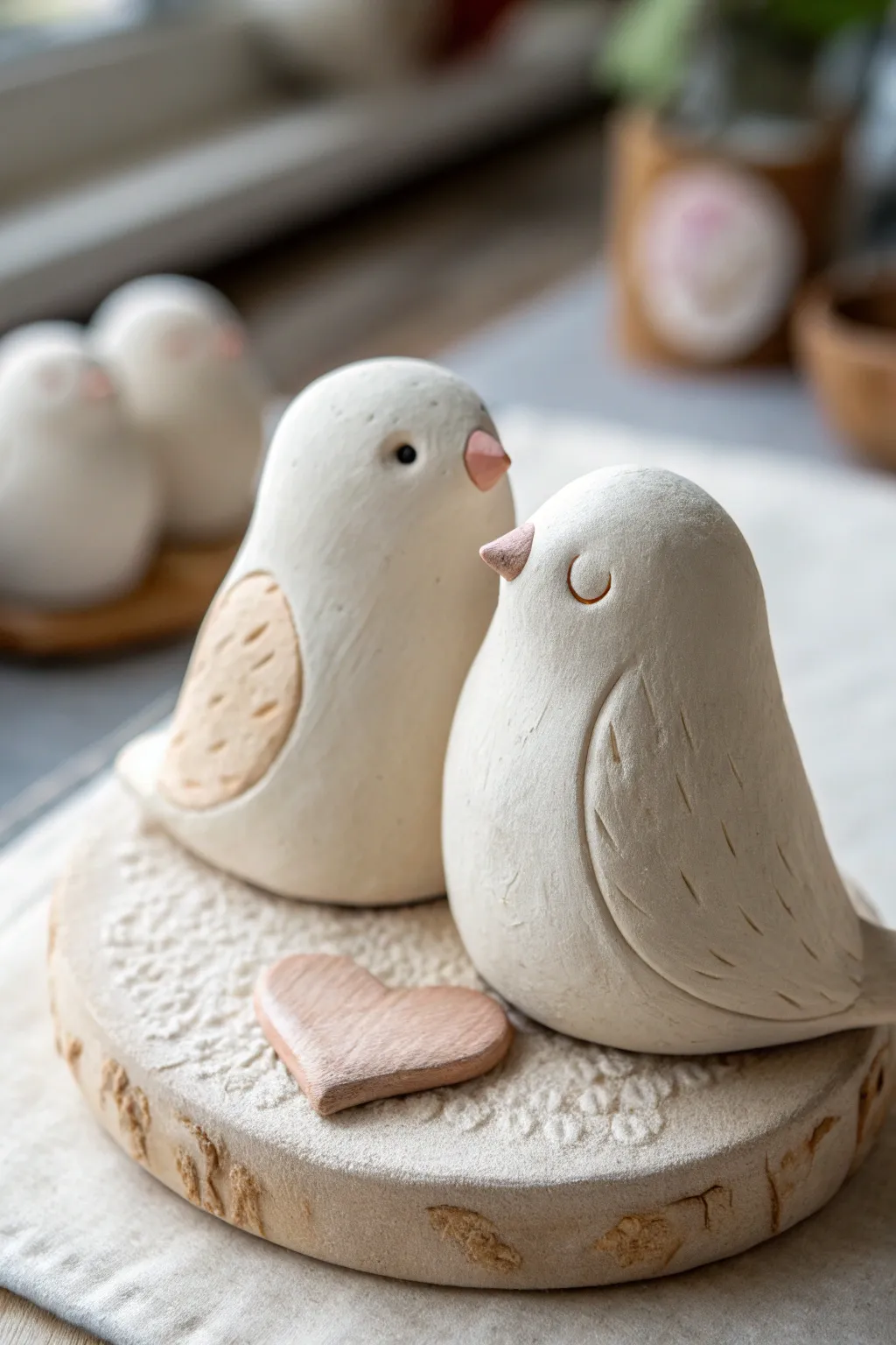 Minimalist air-dry clay lovebirds on a shared base with a tiny heart, perfect for Valentines decor