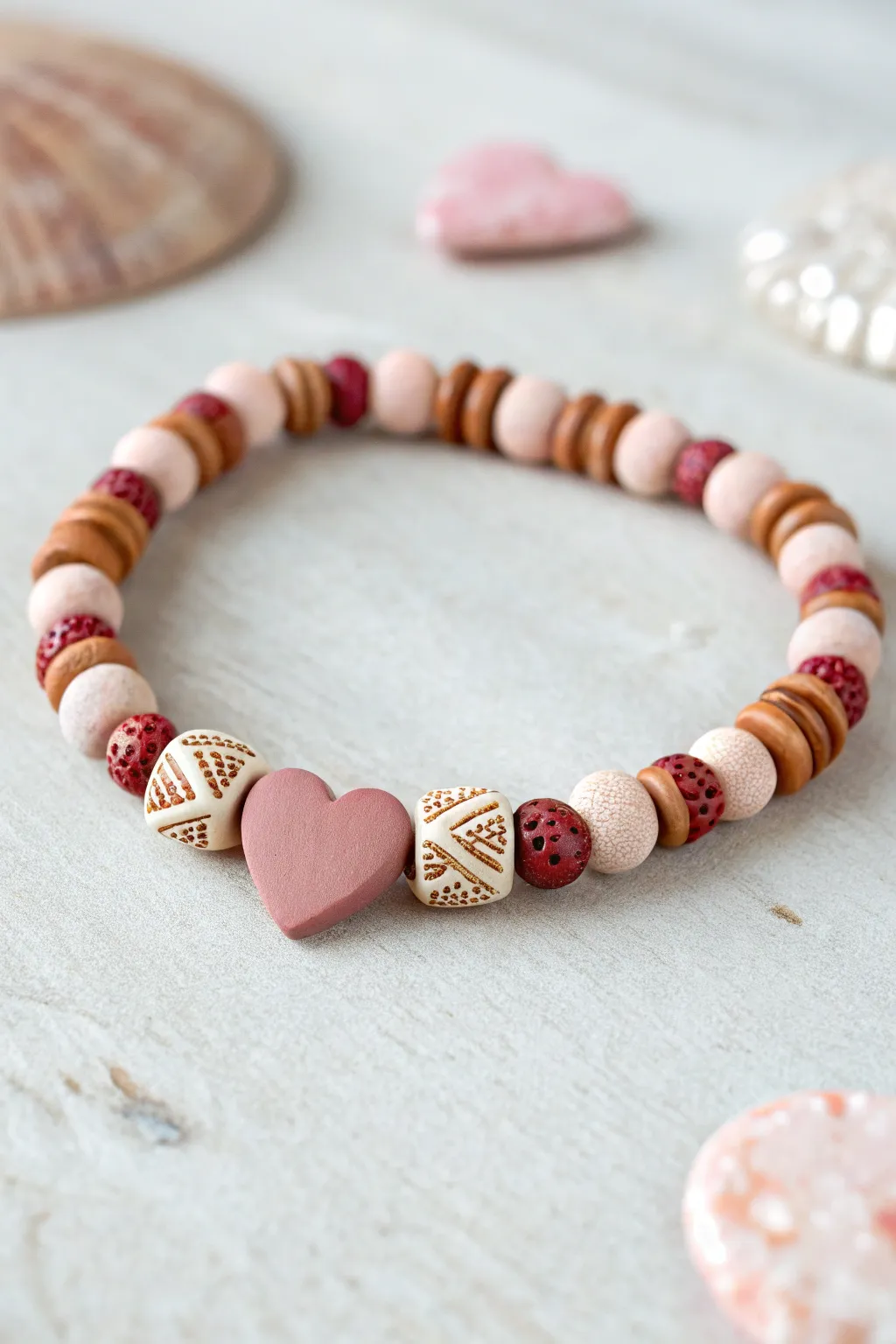 Three-heart center clay bead bracelet with mirrored pink-red sides, minimal and sweet.