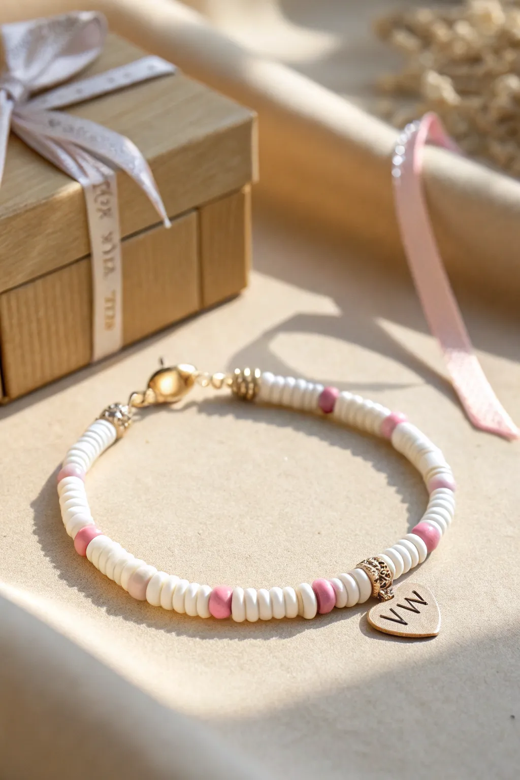 Sweet DIY clay bracelet with initial beads and tiny heart divider in blush and white tones.