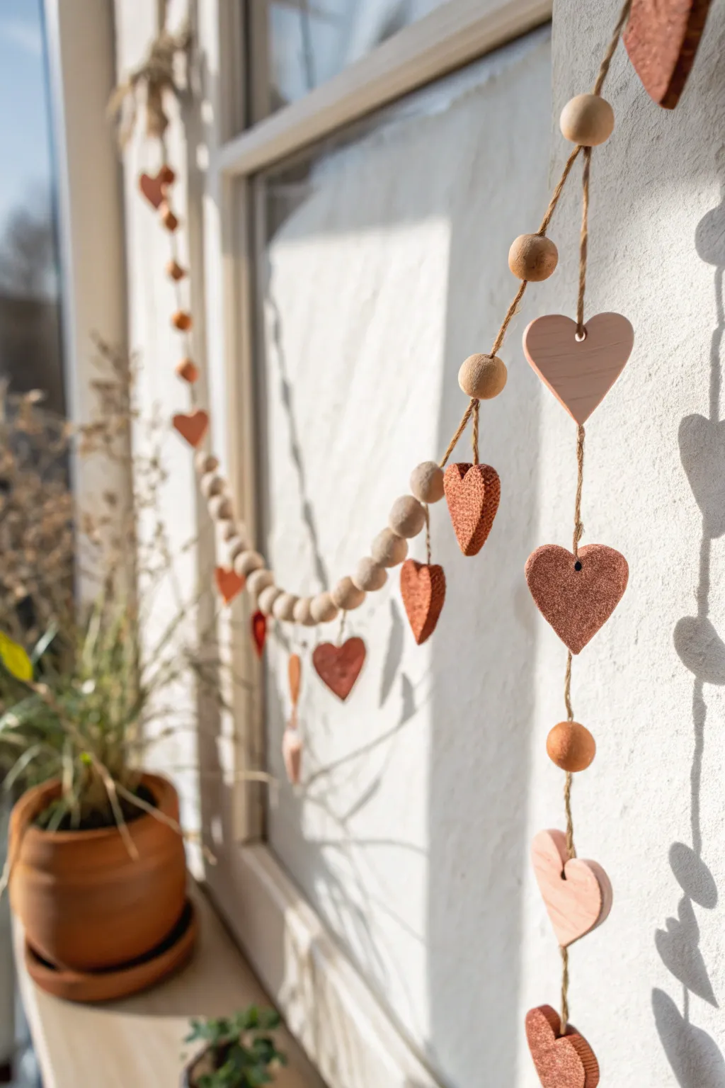 Handmade clay heart and bead garland on twine, a simple Scandinavian-boho Valentine accent.