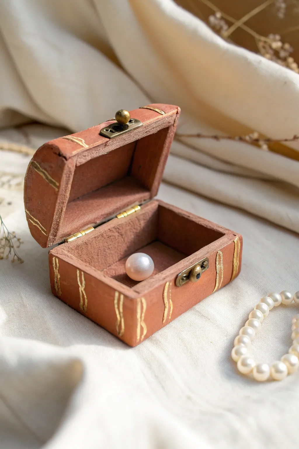 Openable clay loot chest trinket box, slightly ajar with a tiny treasure inside