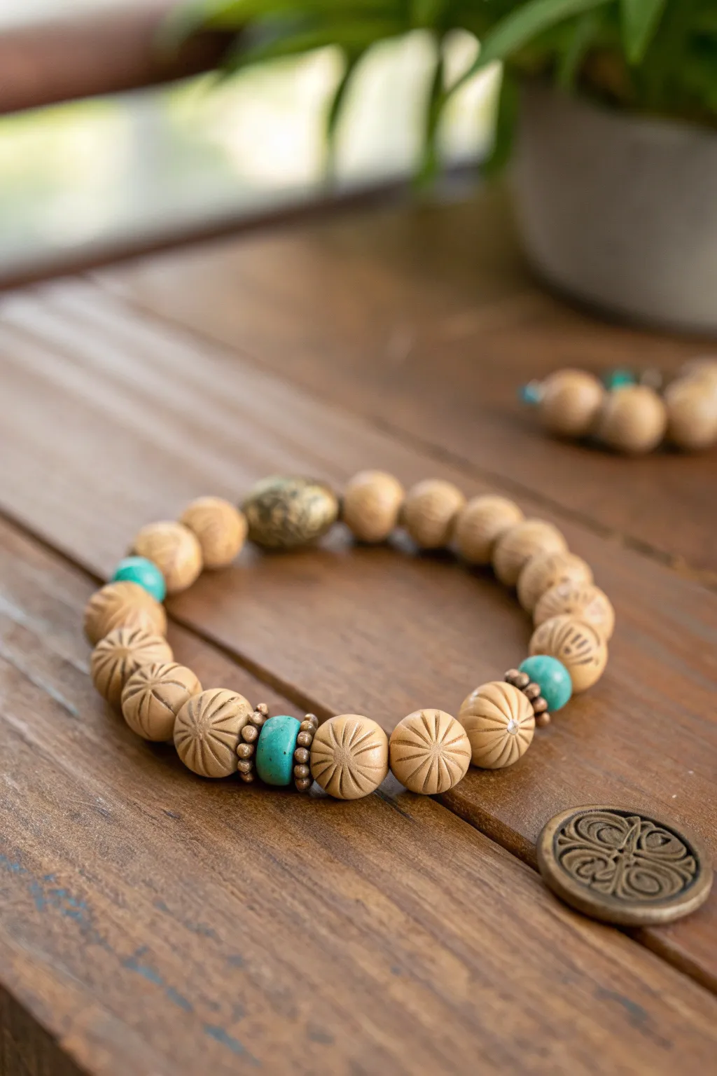 Tooled-leather clay beads meet turquoise heishis for a warm, western-inspired bracelet look.