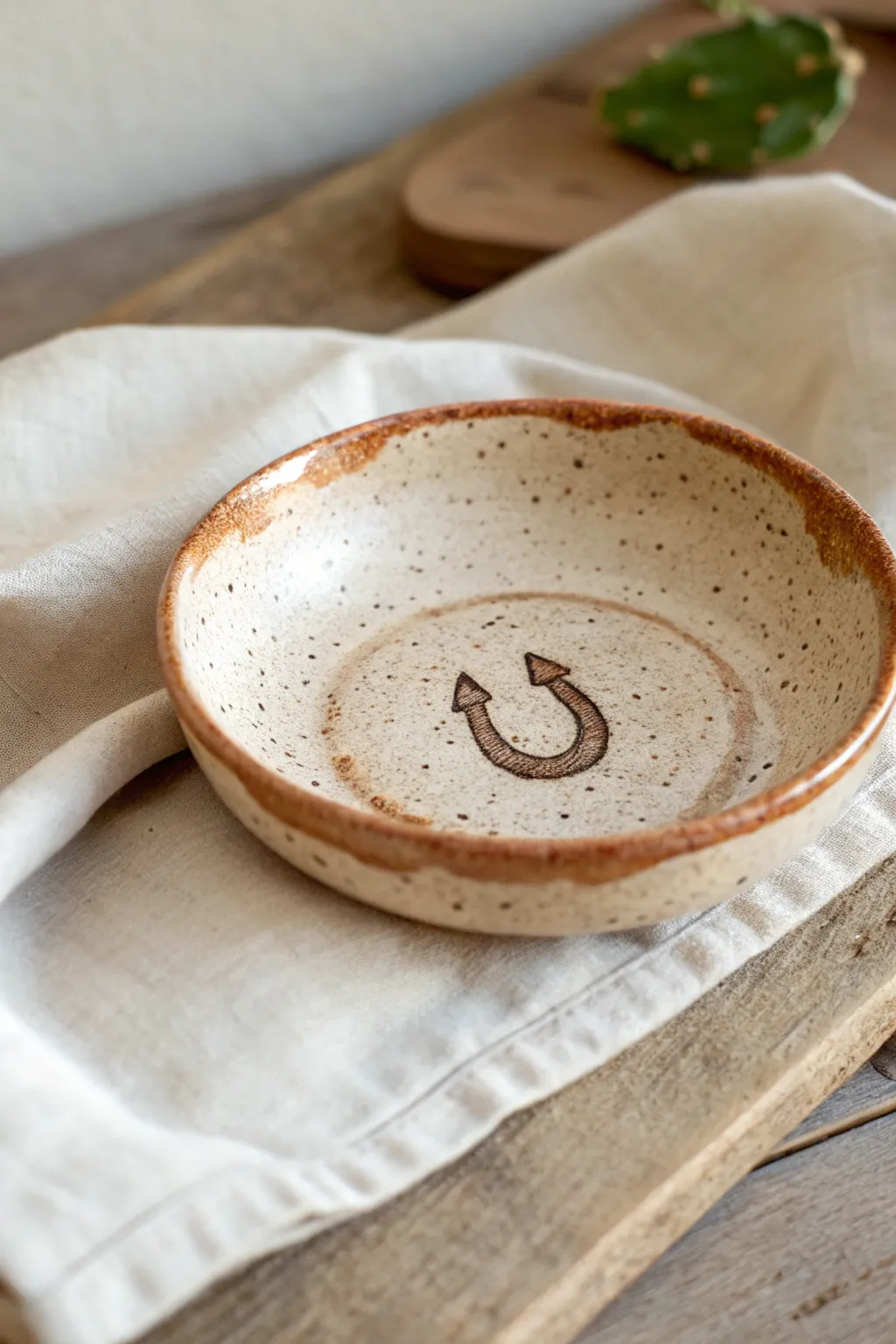 Desert rock textured jewelry dish with a tiny stamped cactus detail in warm sandy tones