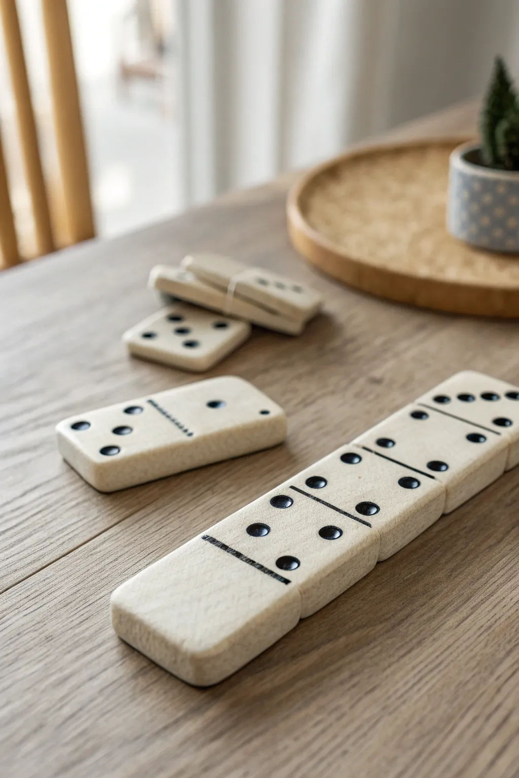 Handmade mini clay dominoes in a calm, minimalist line, ready for a cozy game night