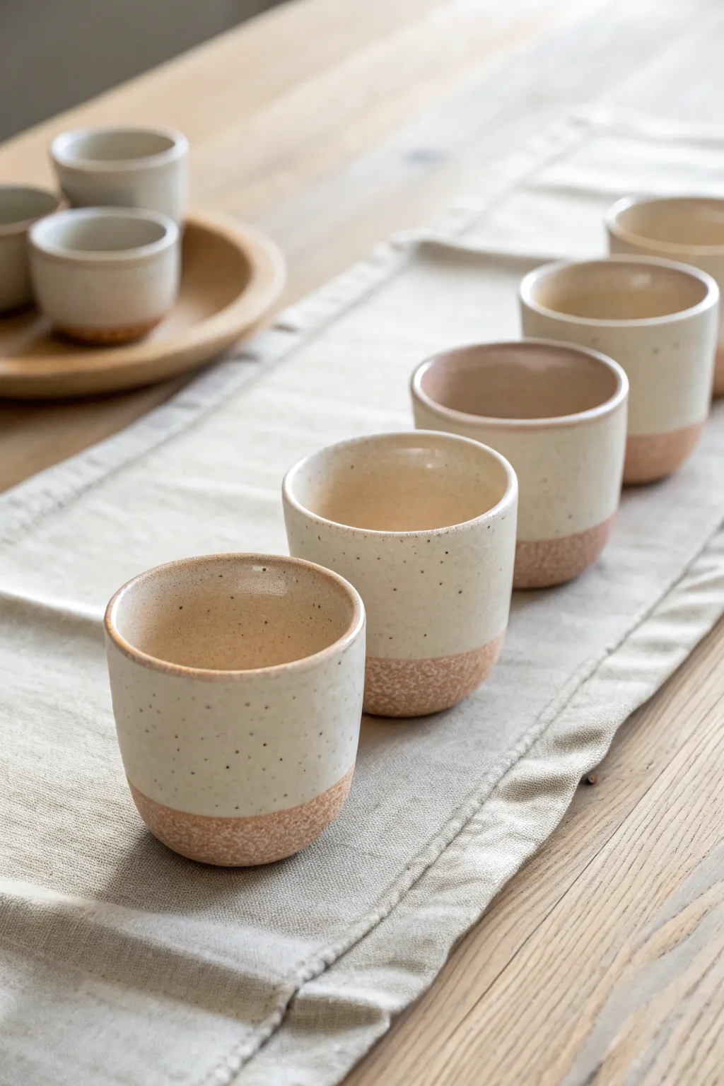 Tiny wheel-thrown mini cups in a matching set, simple shapes and soft glazes with warm contrast