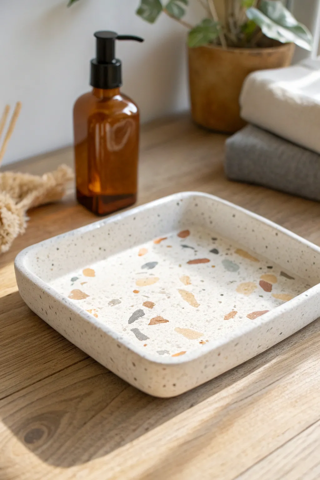 Minimal white clay terrazzo tray with warm speckles, styled for a calm, modern bathroom feel.