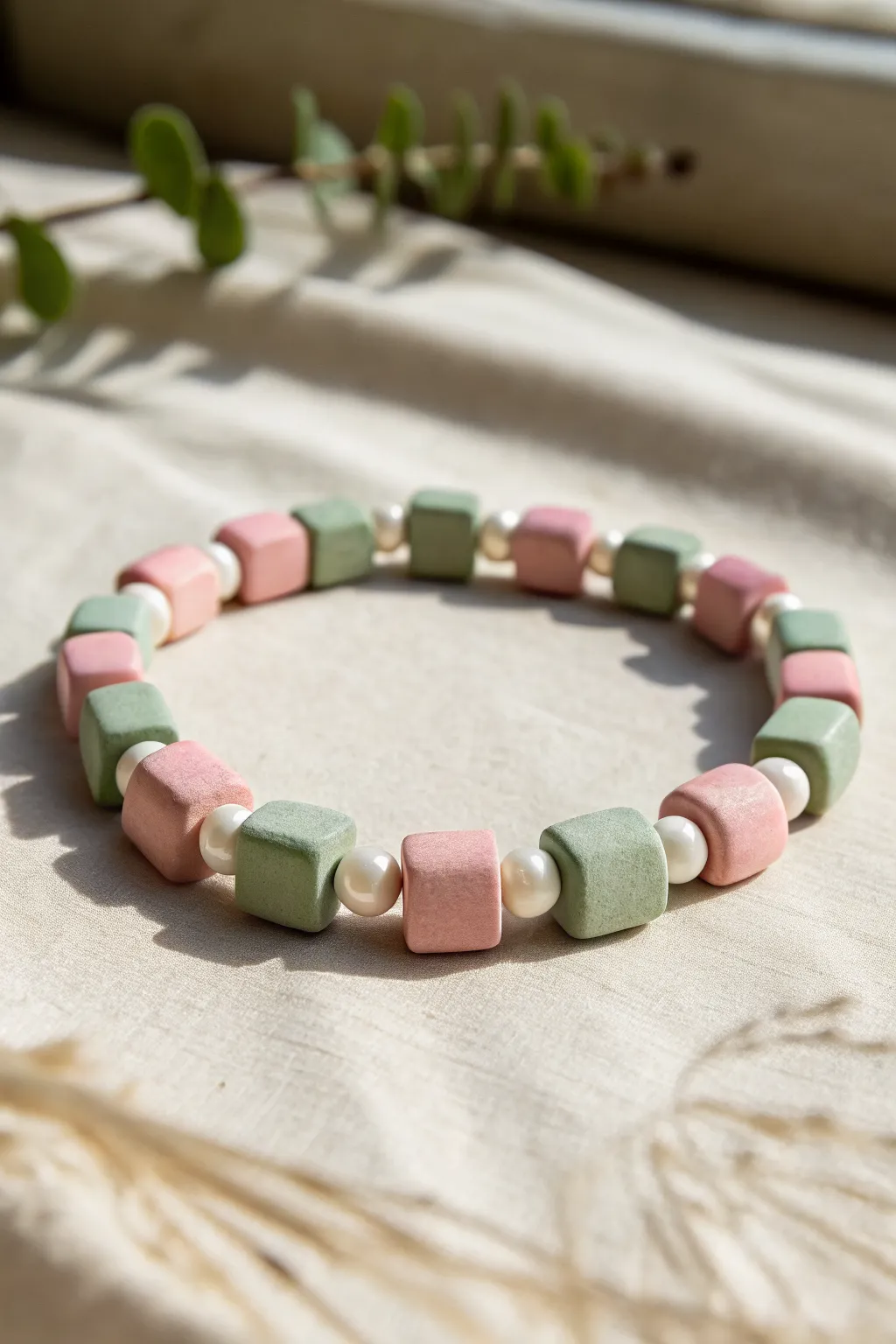 Blush pink and sage green checkerboard clay bead bracelet, finished look with crisp white spacers.