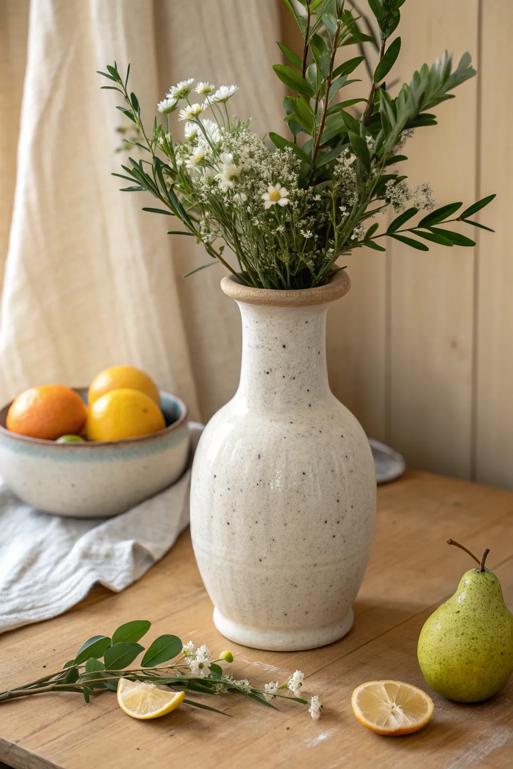 Wide mouth vase still-life with fresh greens and citrus for a cozy, minimalist centerpiece