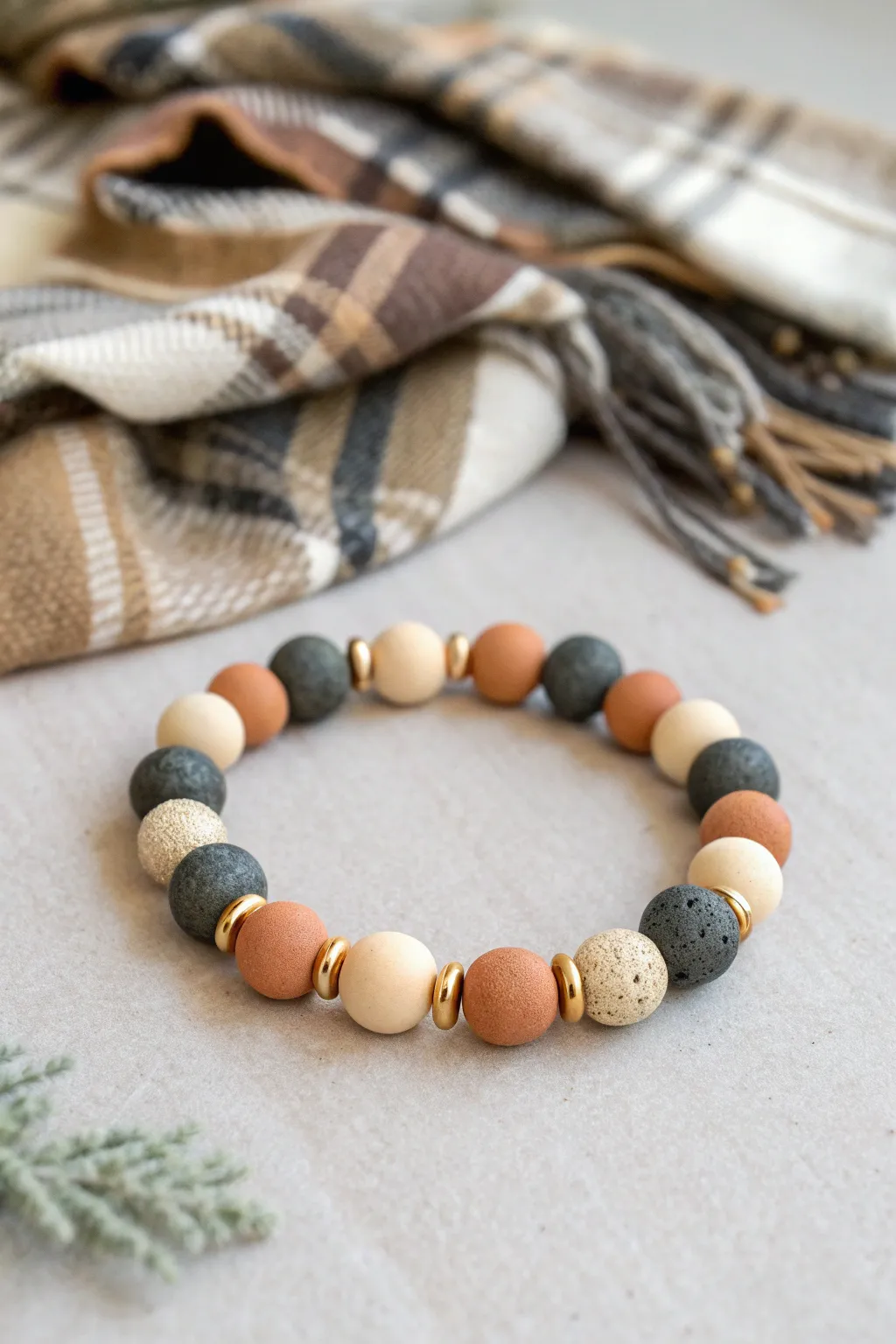 Après-ski neutrals: charcoal, cream, and tan clay beads with a tiny gold charm.