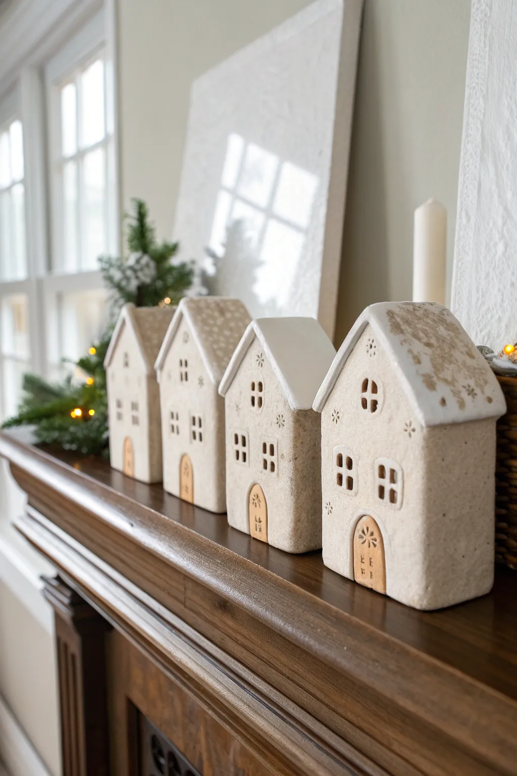 Simple snowy clay shelf houses bring cozy Nordic winter village charm to your mantel.