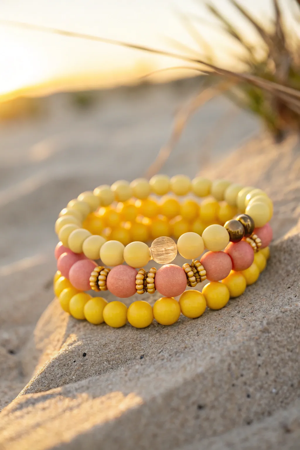 Sunset-inspired stack of yellow clay beads with peach and coral accents, warm minimalist vibe