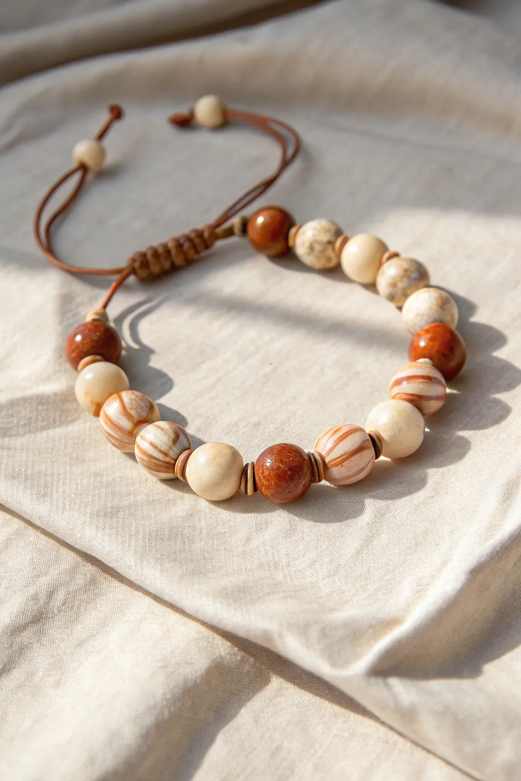 Marbled clay disc bead bracelet in cream and caramel, minimalist boho style with crisp detail