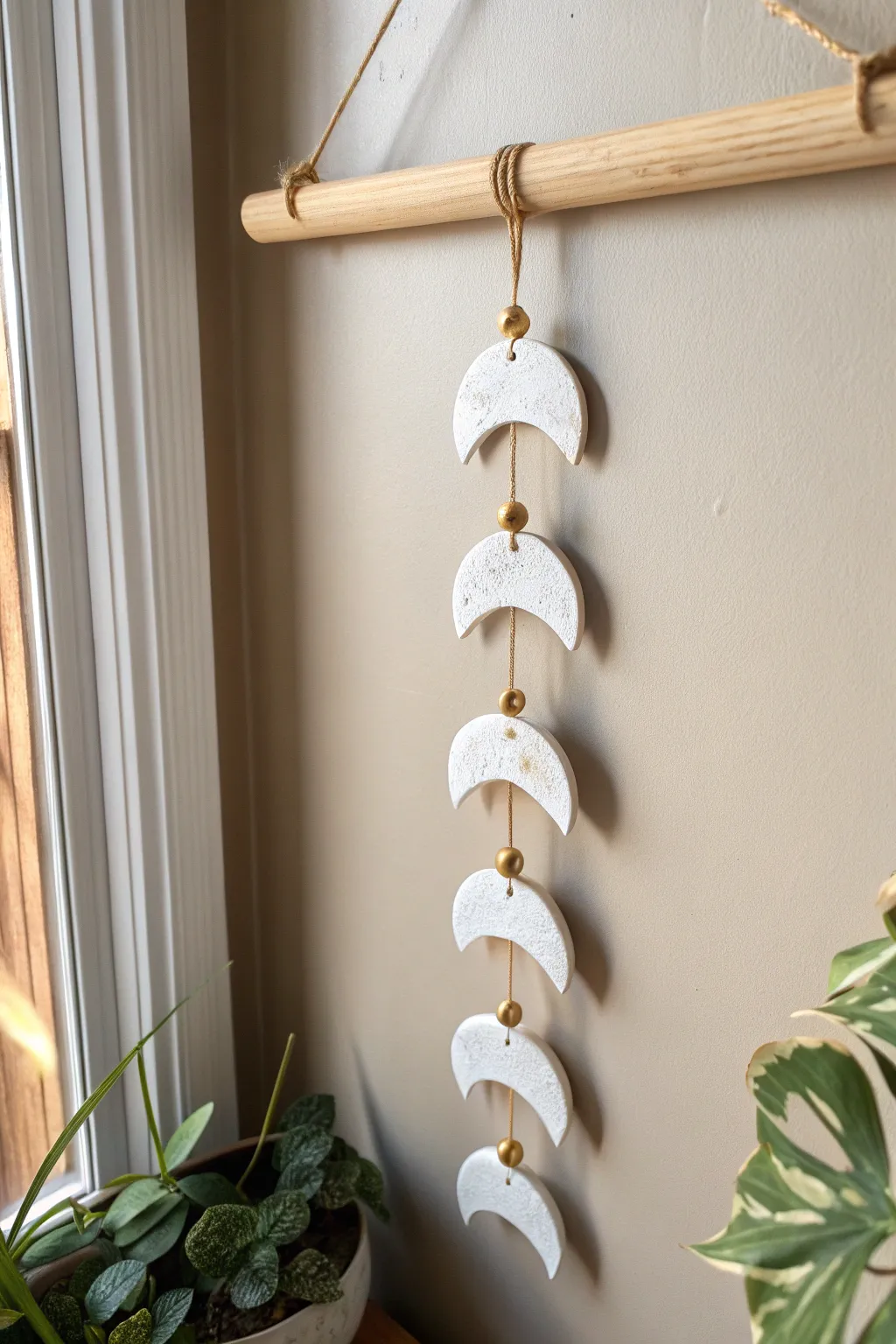 Matte white clay moon phase wall hanging with soft gold accents, minimalist boho charm