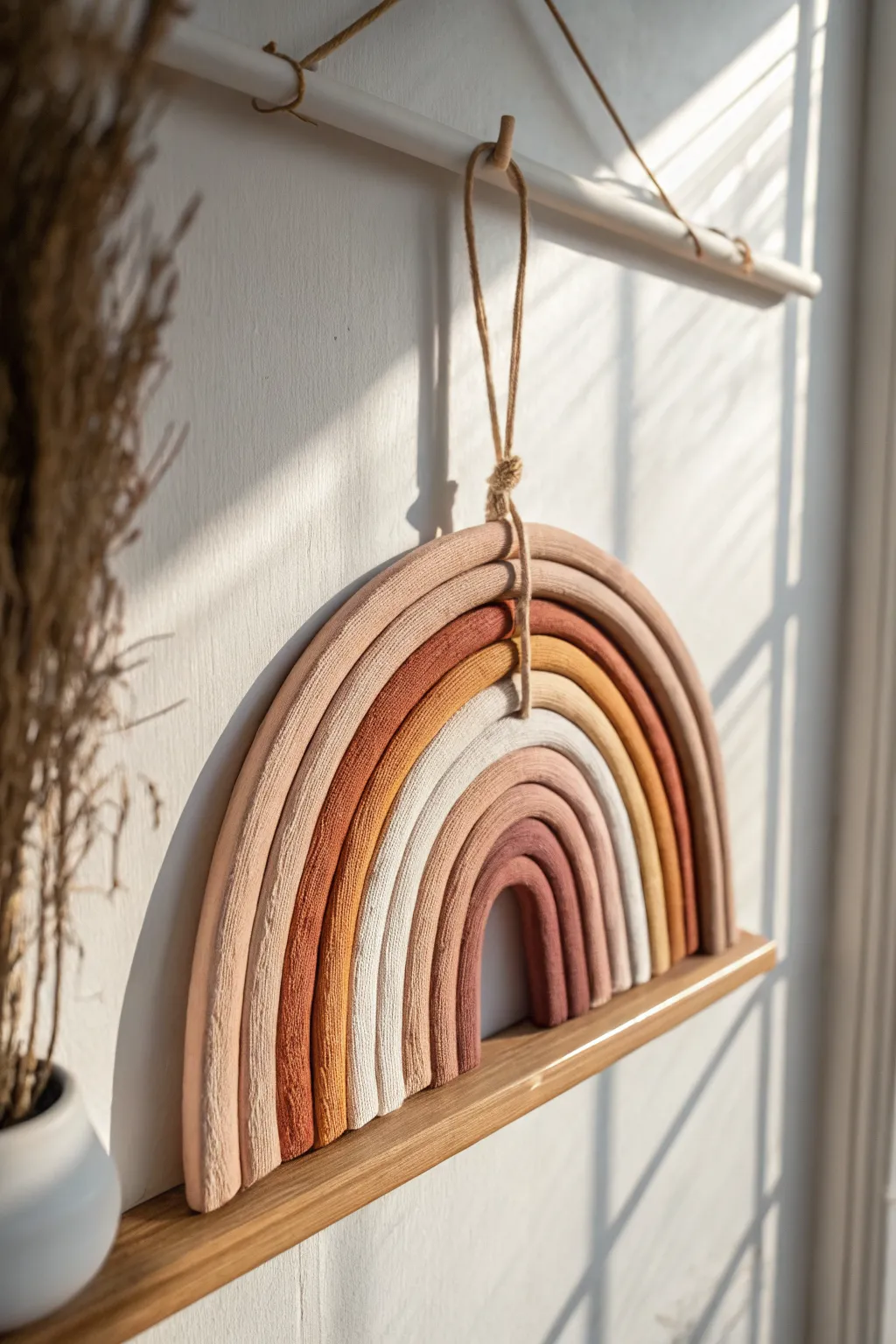 Warm neutral air-clay rainbow wall hanging with minimalist boho styling for a cozy gift idea