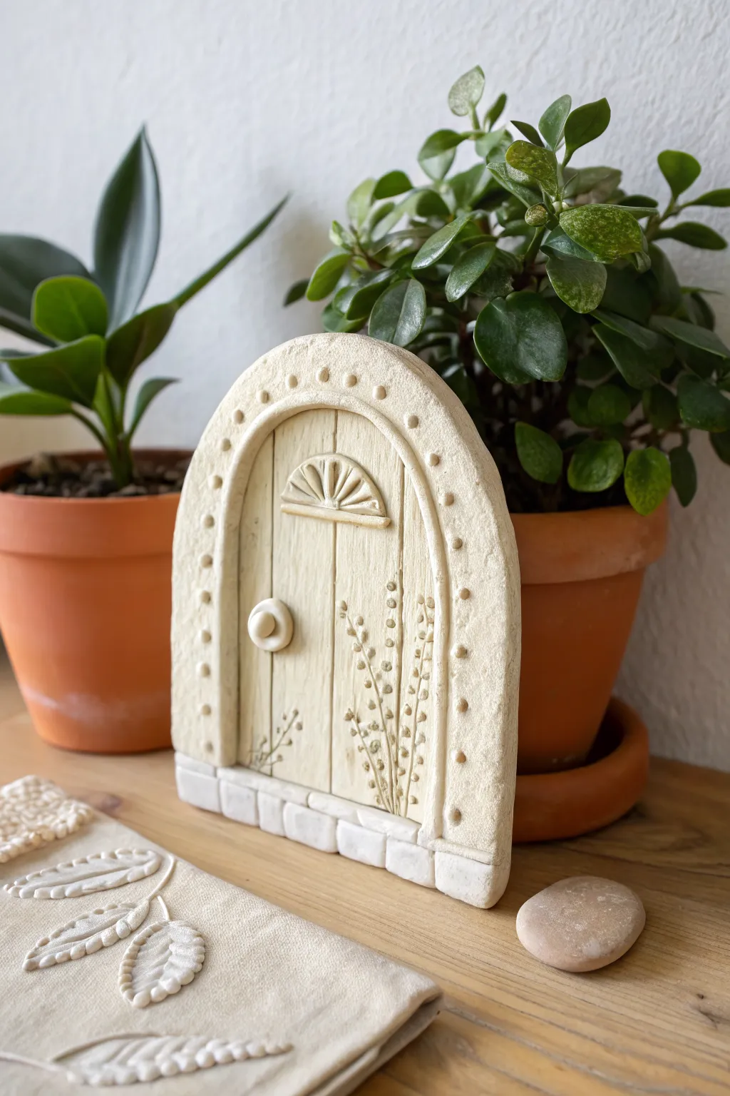 Mini air-dry clay fairy door plaque styled by a pot plant, simple boho Scandinavian charm