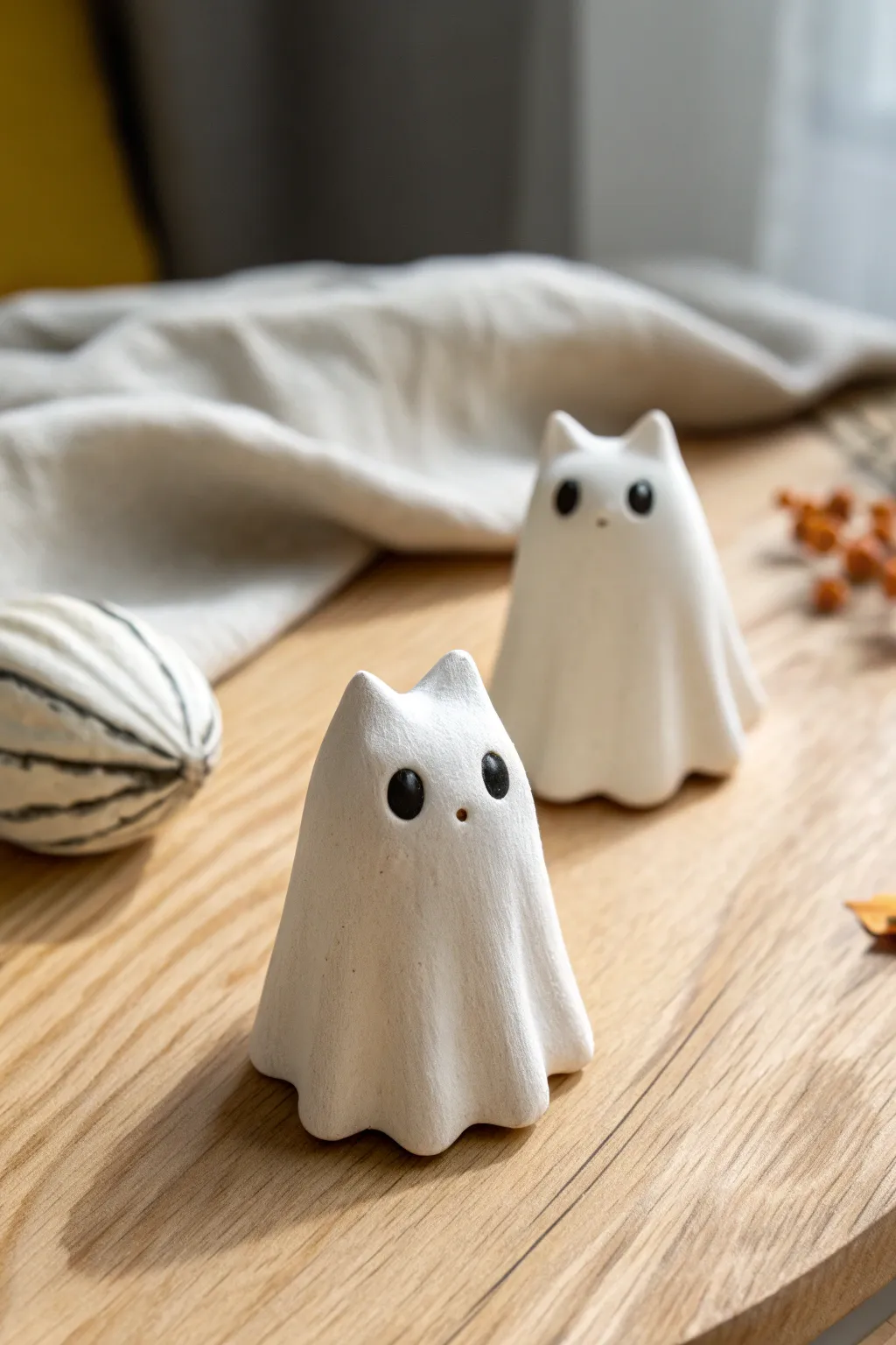 Sweet air-dry clay ghost cats in minimalist Scandi style, perfect for a cozy shelf display