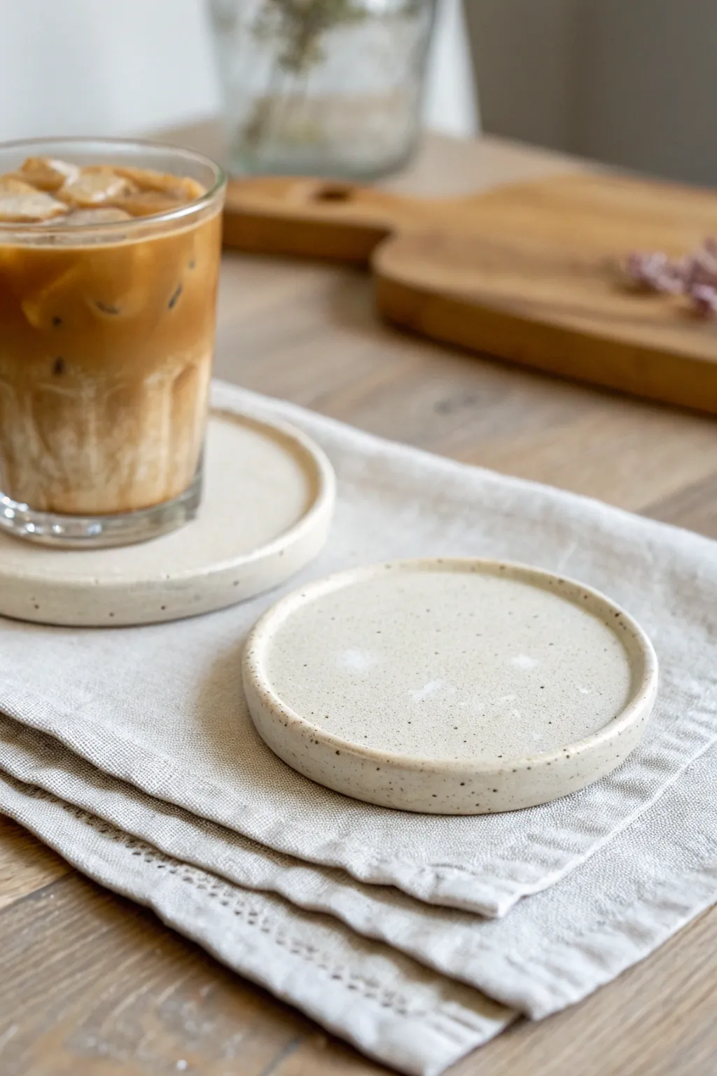 Minimal air-dry clay coaster with a condensation groove, styled with a fresh iced drink.
