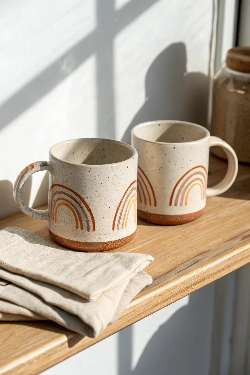 Decorative air dry clay couple mugs with simple boho patterns, styled for a cozy shelf