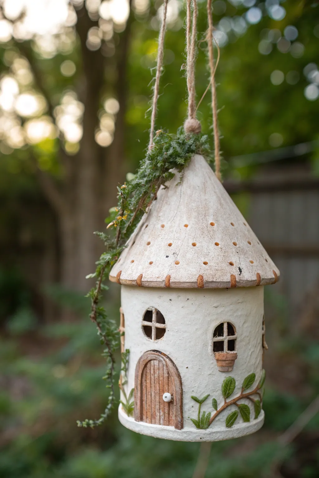Air dry clay fairy house ornament floating on string, minimalist boho charm for dreamy decor.