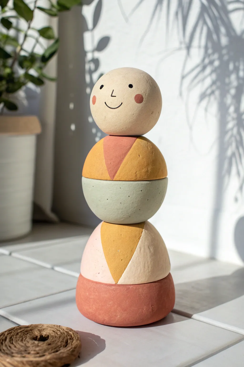 Playful stacked-shape clay totem with bold color blocks, minimalist charm, and handmade texture