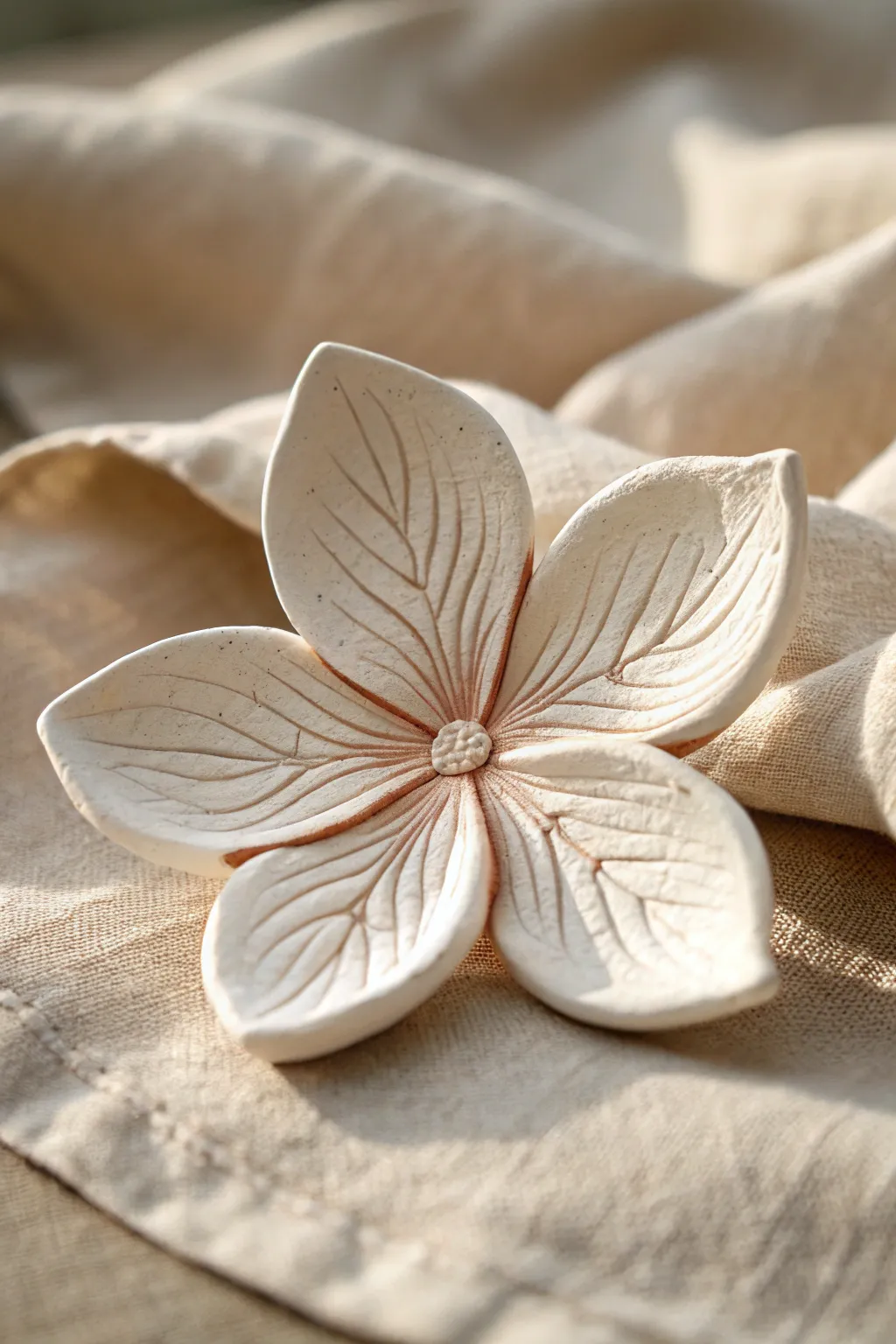 Close-up air-dry clay flower with pressed-petal veins, minimalist Nordic-boho vibe.