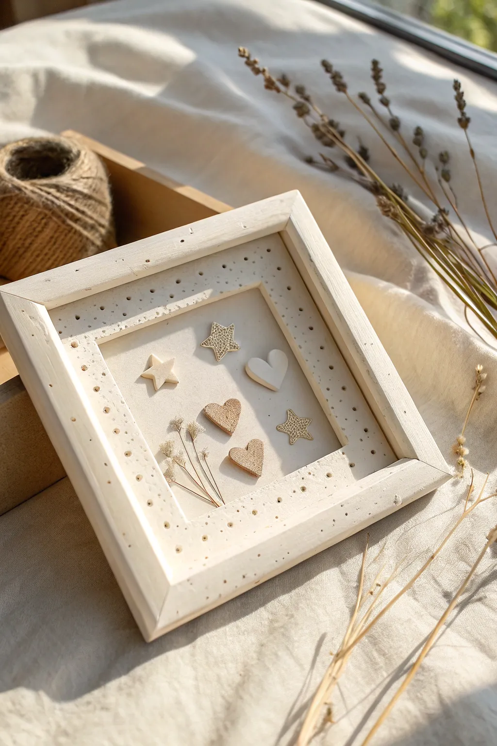 Tiny air dry clay shadowbox frame with sweet charms and a recessed photo, minimalist boho.