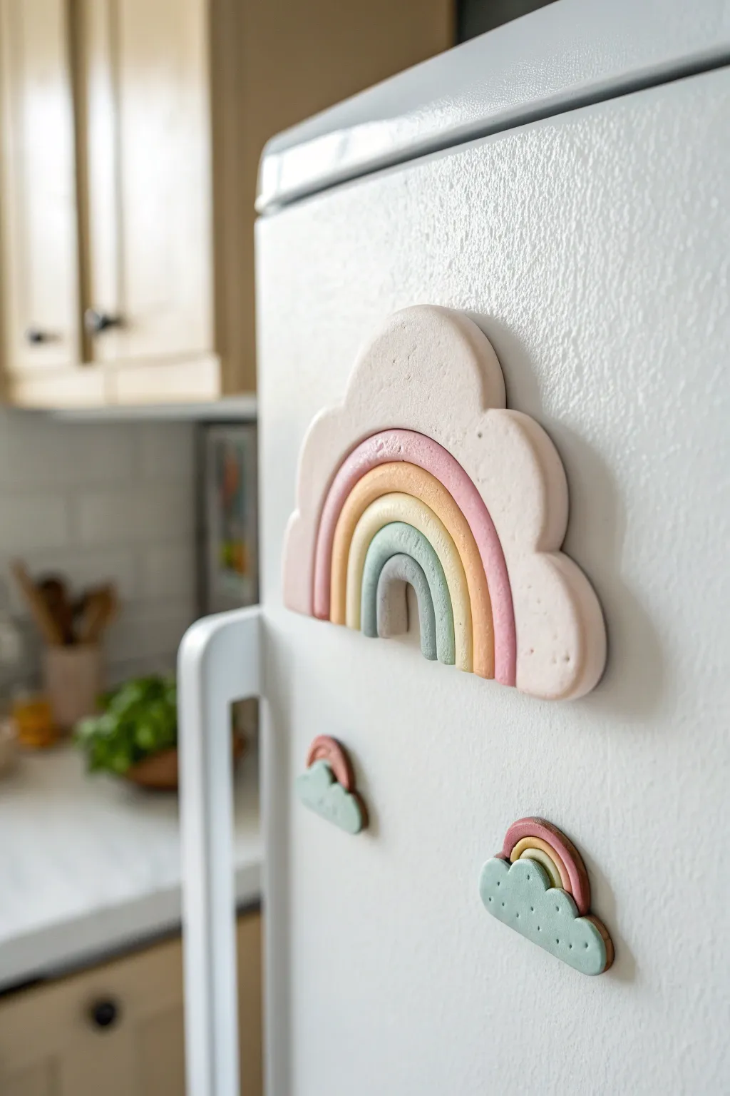 Soft pastel rainbow cloud magnet that brightens your fridge with simple handmade charm