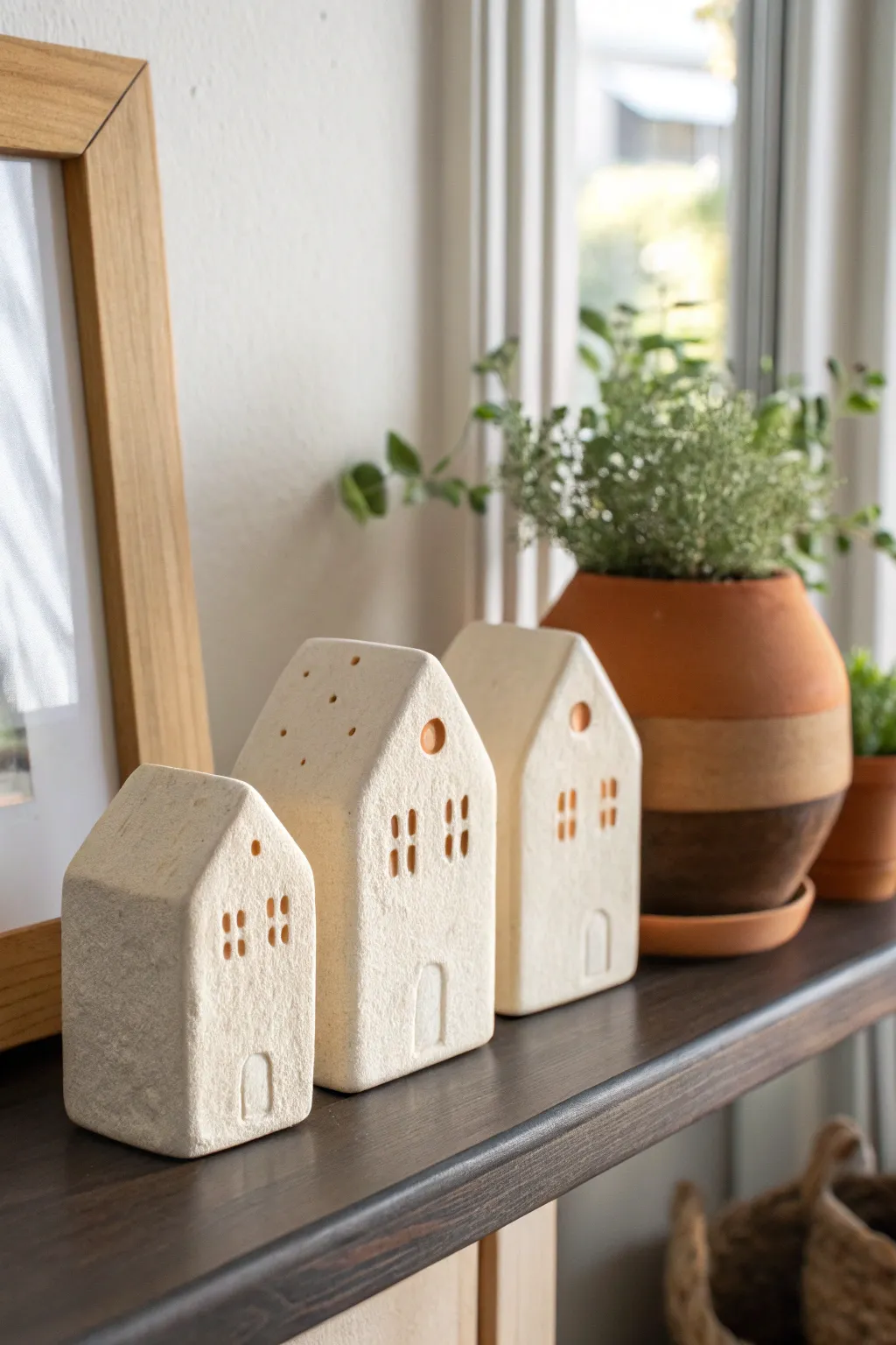 Mini matte clay house shelf sitters bring cozy Scandinavian charm to simple air dry clay decor.