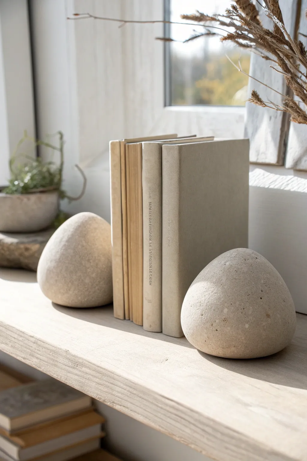 Matte pebble clay bookends in warm gray-beige, styled with neutral books on a light wood shelf