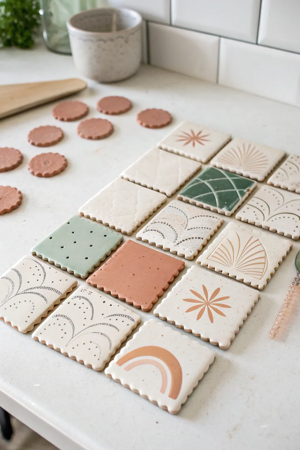 Beginner-friendly mini air-dry clay tile set with soft patterns for a tiny backsplash vibe