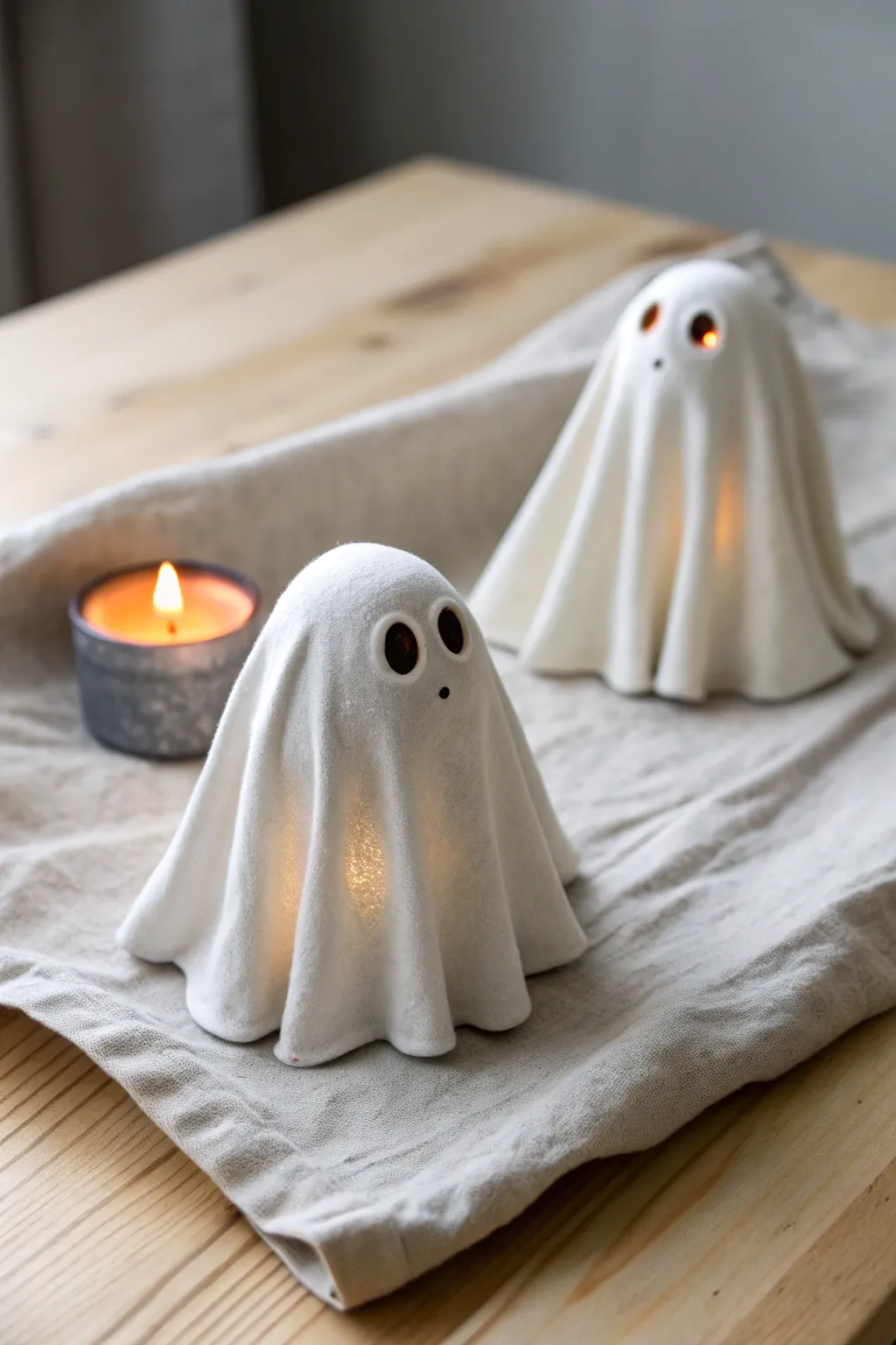 Cozy mini clay ghost tea light covers for kids, simple and sweet beginner air-dry craft.