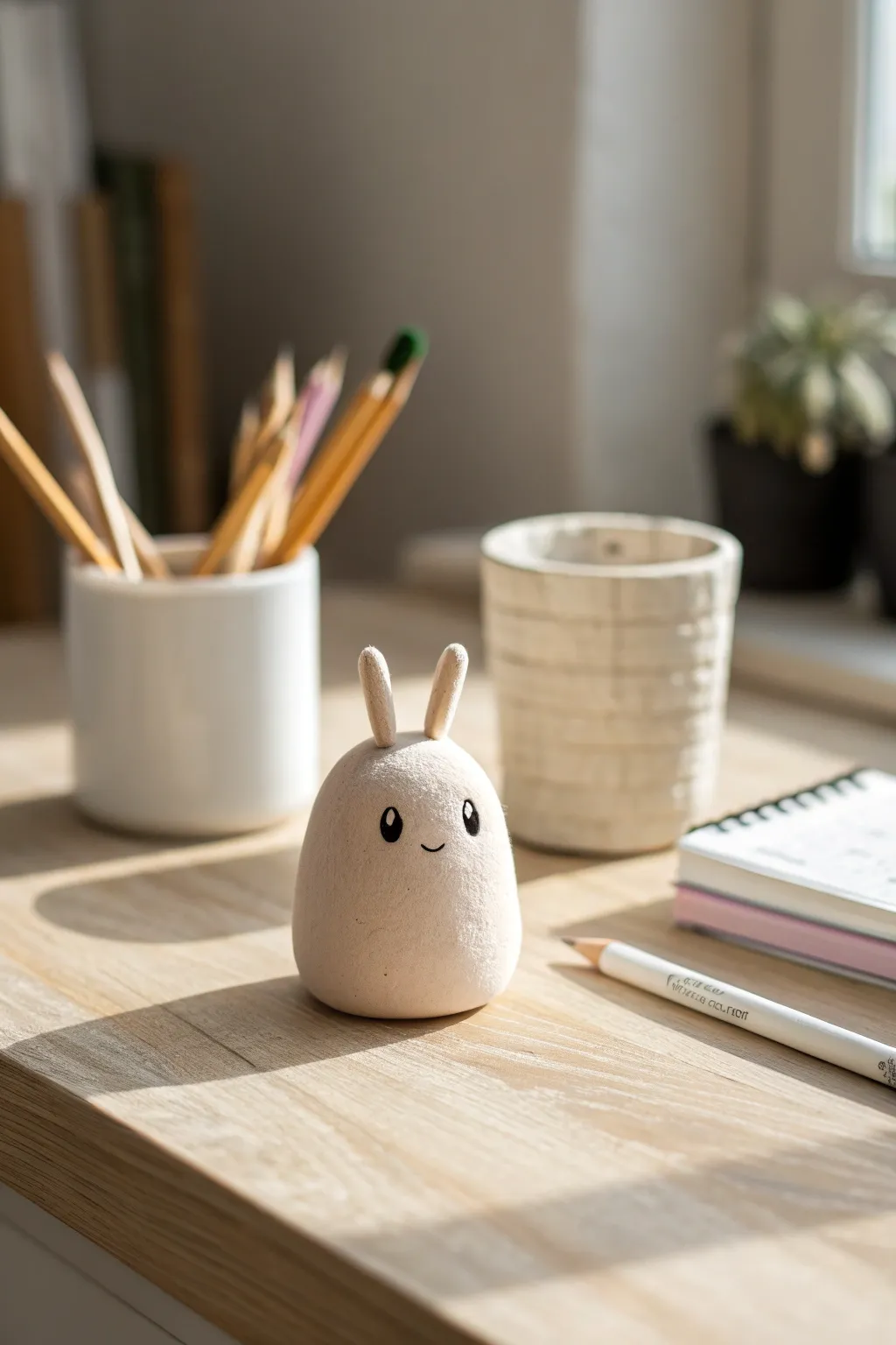 Cute mini desk pet made from air dry clay with pipe-cleaner antennae for a playful school vibe