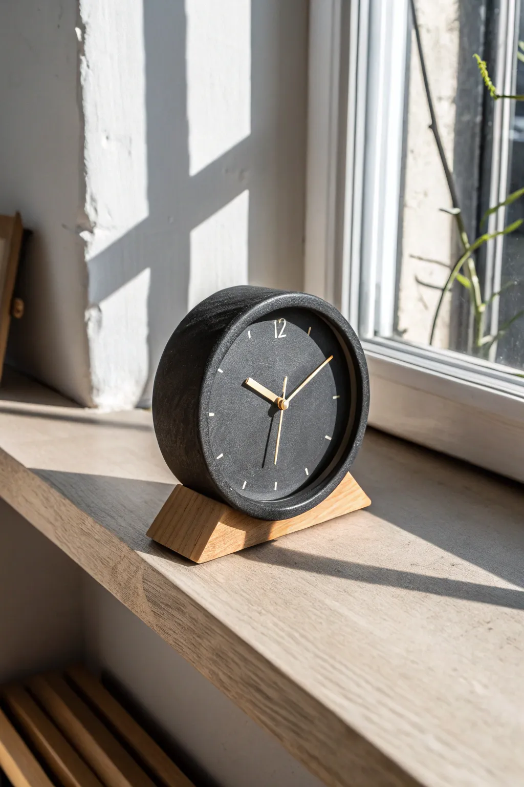 Minimal DIY desk clock with handmade air dry clay bezel, modern matte black finish.